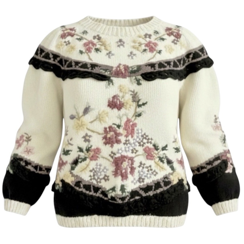 Jennifer Reed Floral Hand Knitted Sweater Womens M Ivory Grannycore Vintage
